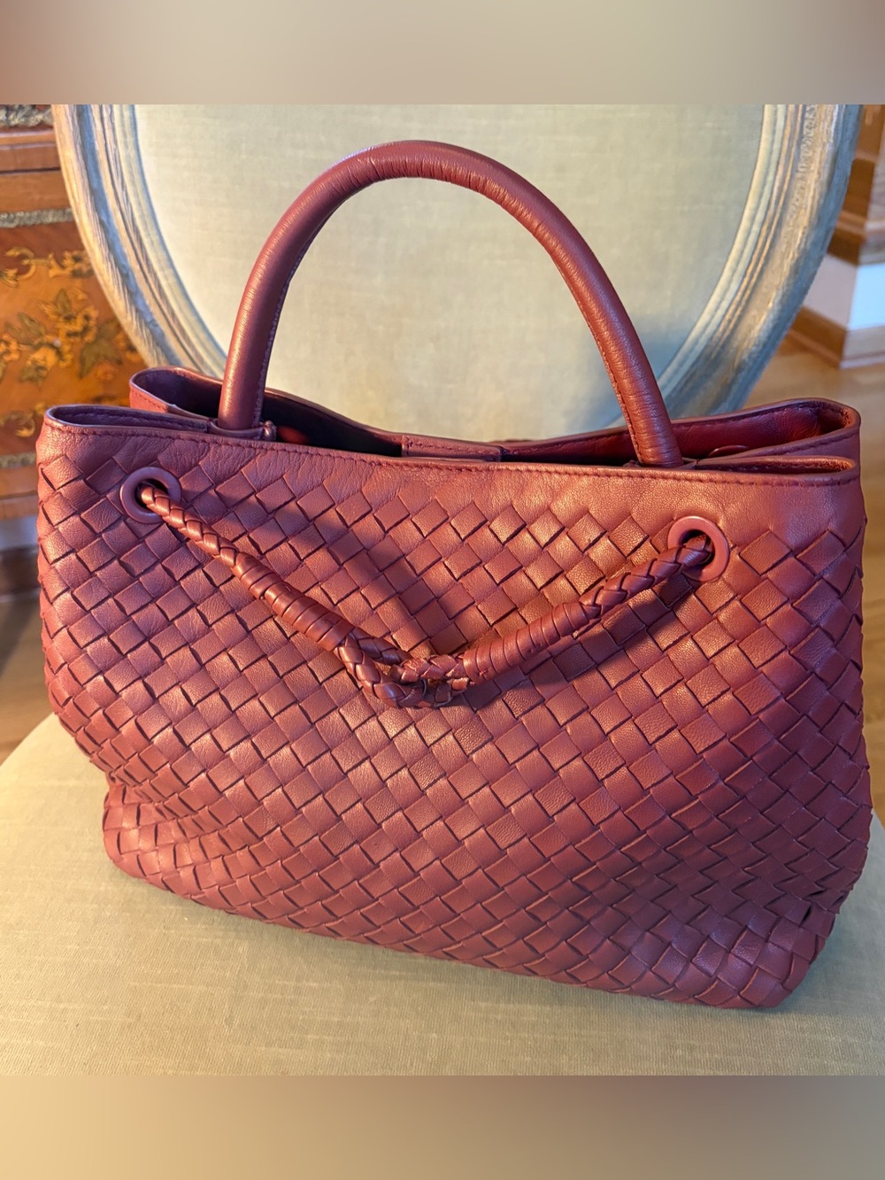Quince Romy Handwoven Italian Leather Satchel Merlot Excellent